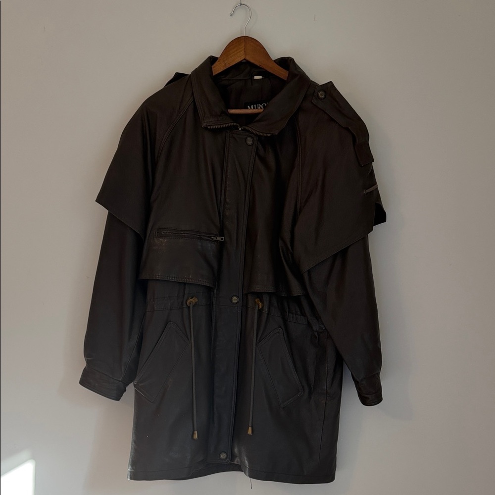 Dark Brown Hooded leather Miropa Jacket Capelet design men’s Size M/L